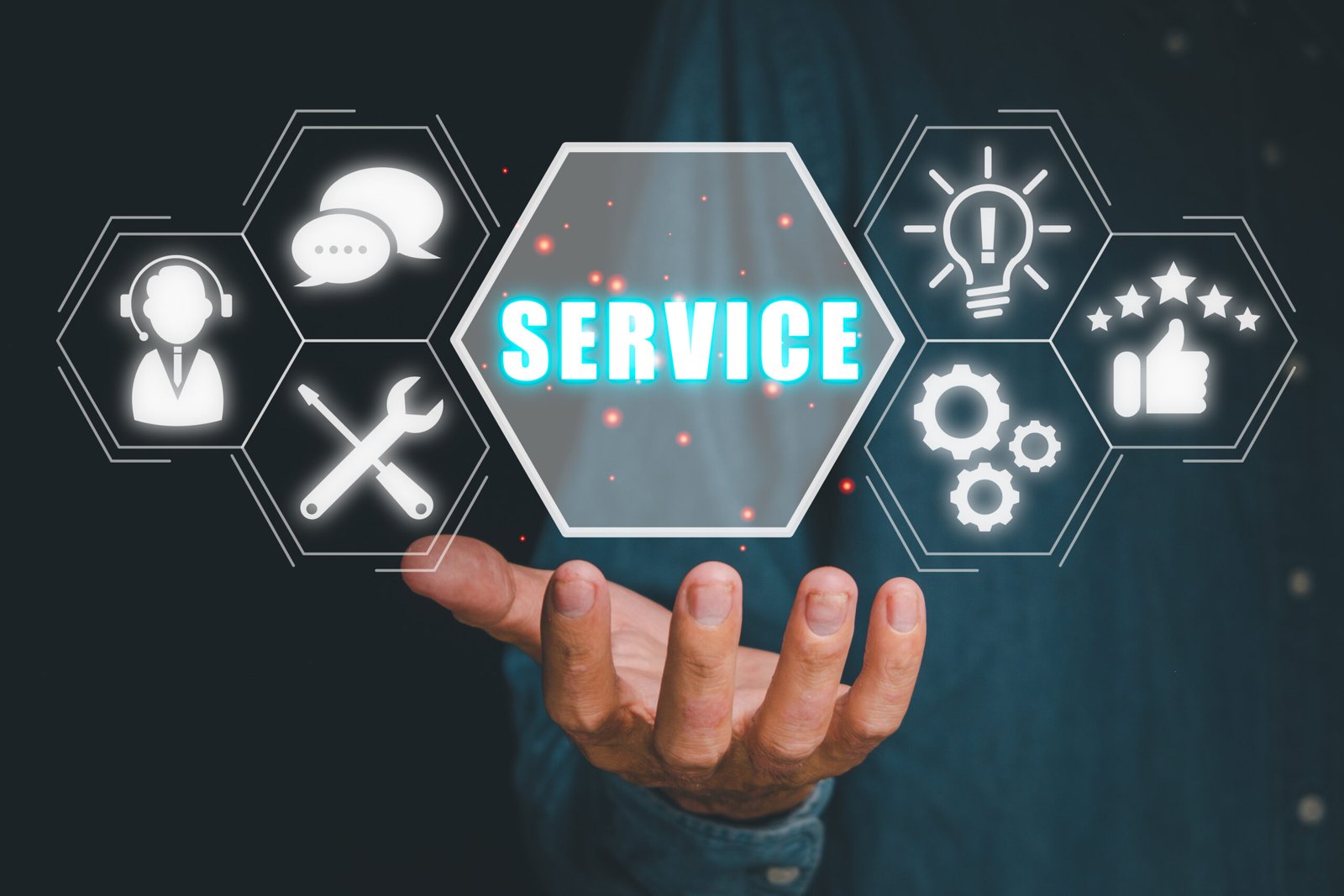 Service concept, Person hand holding service icon on virtual scr Service concept, Person hand holding service icon on virtual screen.